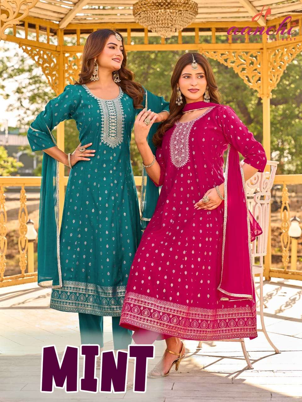 AANCHI MINT ROMAN SILK EMRBOIDERY STITCHED PREMIUM SUIT SET-00286