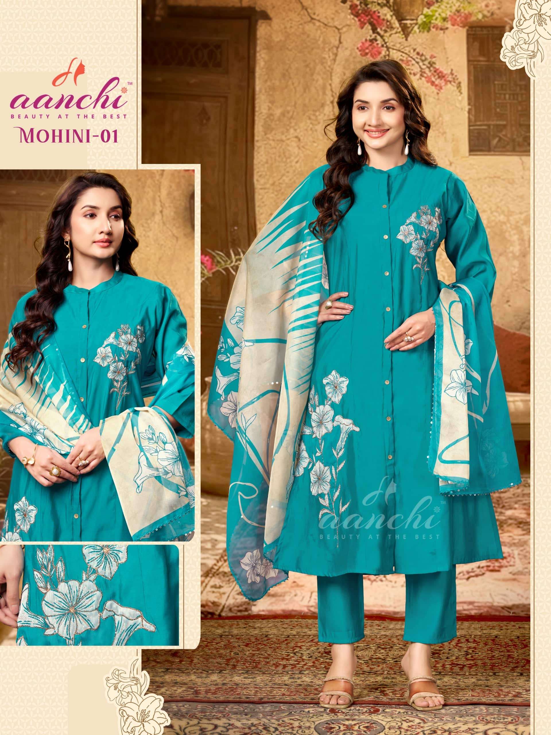 AANCHI MOHINI ROMAN SILK EMBROIDERY STITCHED PUNJABI SUIT SET-00286