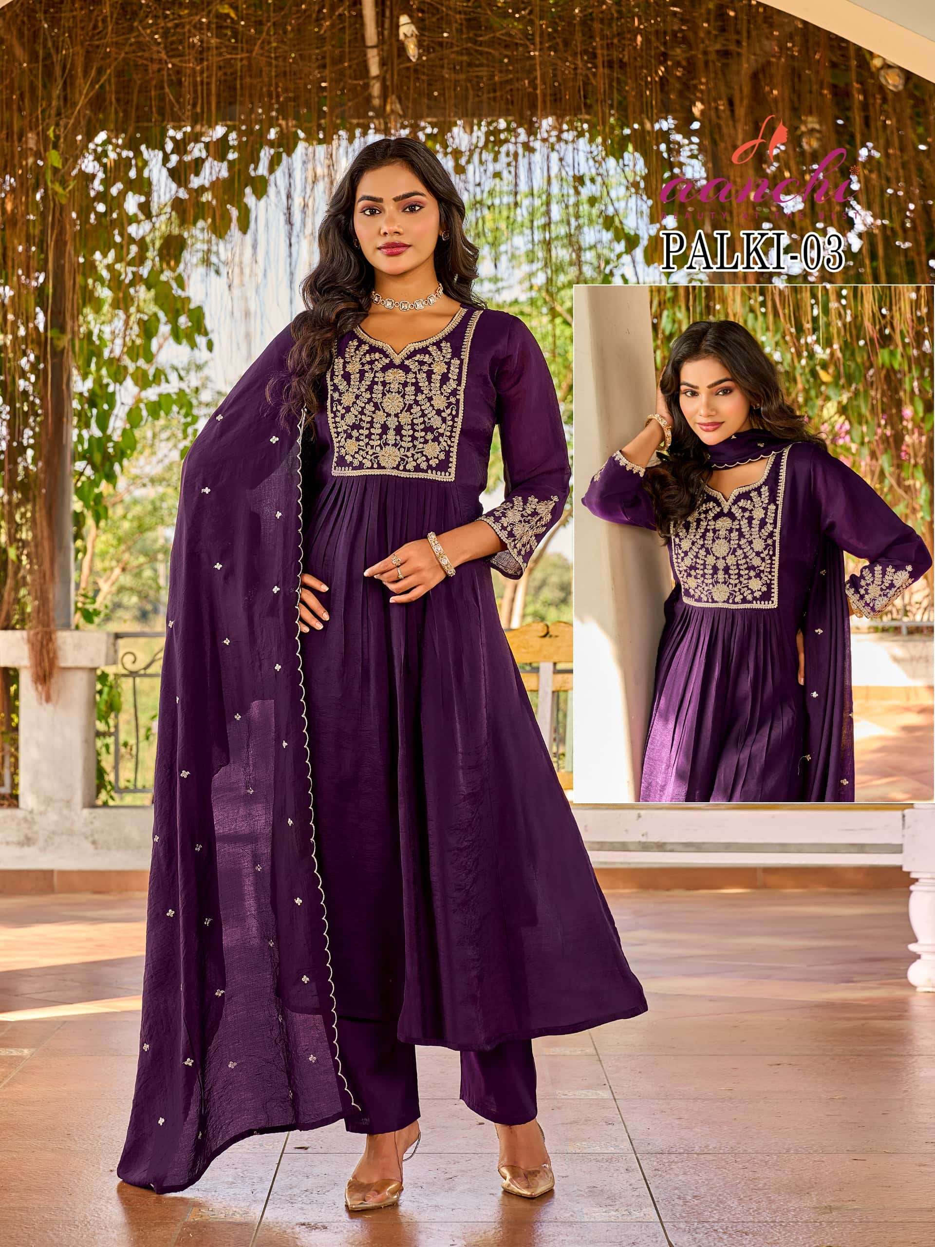 AANCHI PALKI 01 TO 03 SERIES MAL CHANDERI EMBROIDERY ANARKALI SUIT SET-00286