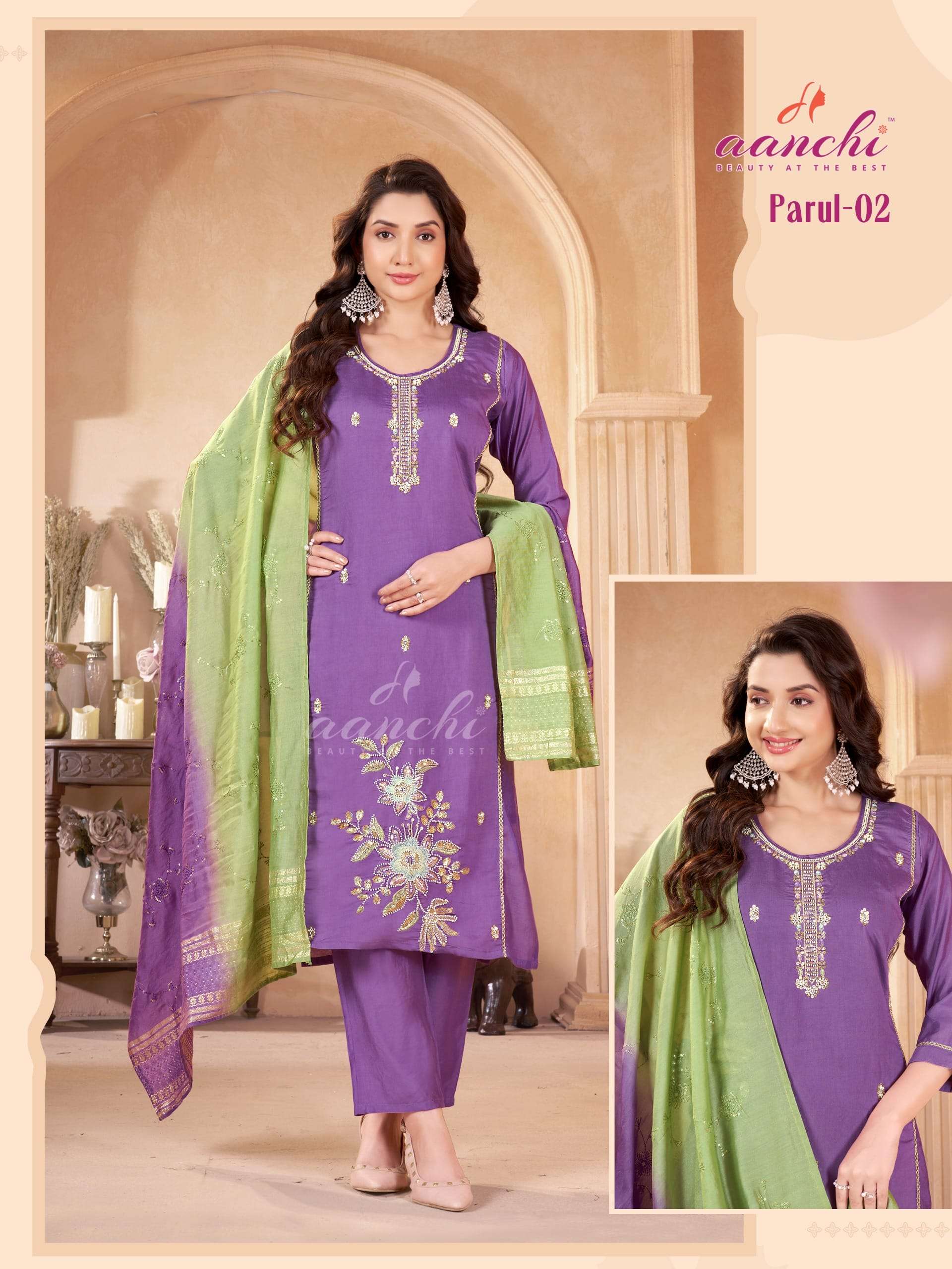 AANCHI PARUL ROMAN SILK EMBROIDERY STITCHED PUNJABI SUIT SET-00286