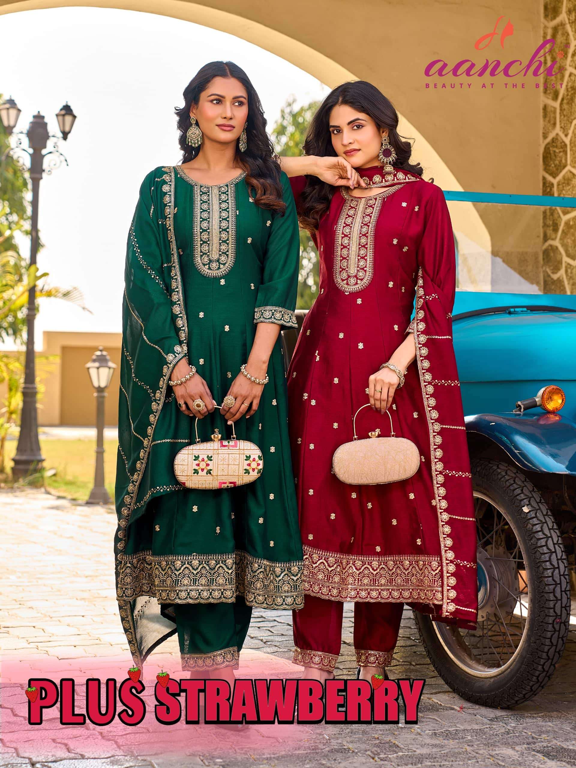 AANCHI PLUS STRAWBERRY VICHITRA SILK EMBROIDERY ANARKALI SUIT SET-00286