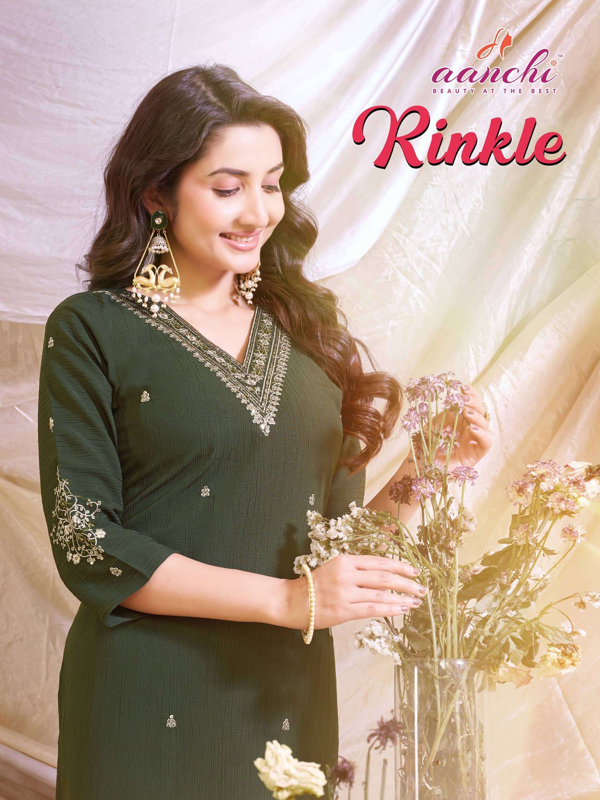 AANCHI RINKLE FANCY FABRIC EMBROIDERY  STITCHED KURTIS SET-00286