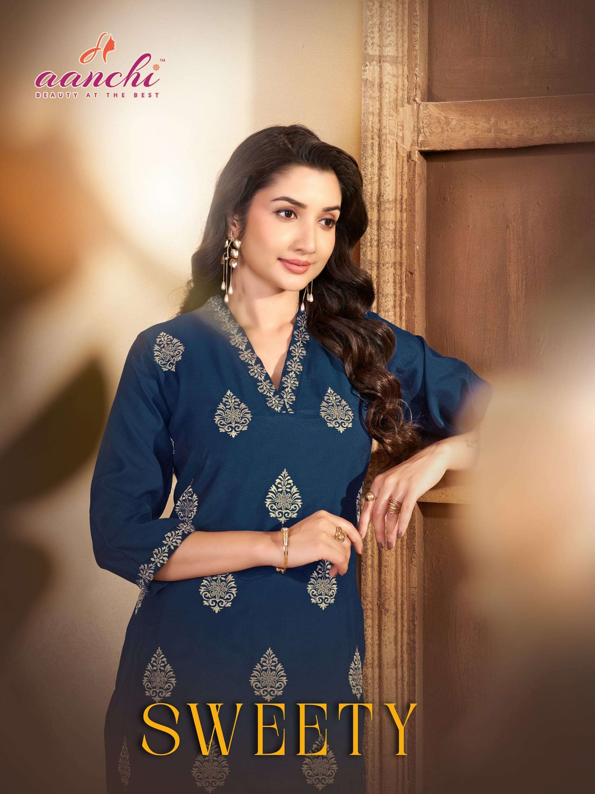 AANCHI SWEETY FANCY FABRIC EMBROIDERY STITCHED KURTIS SET-00286