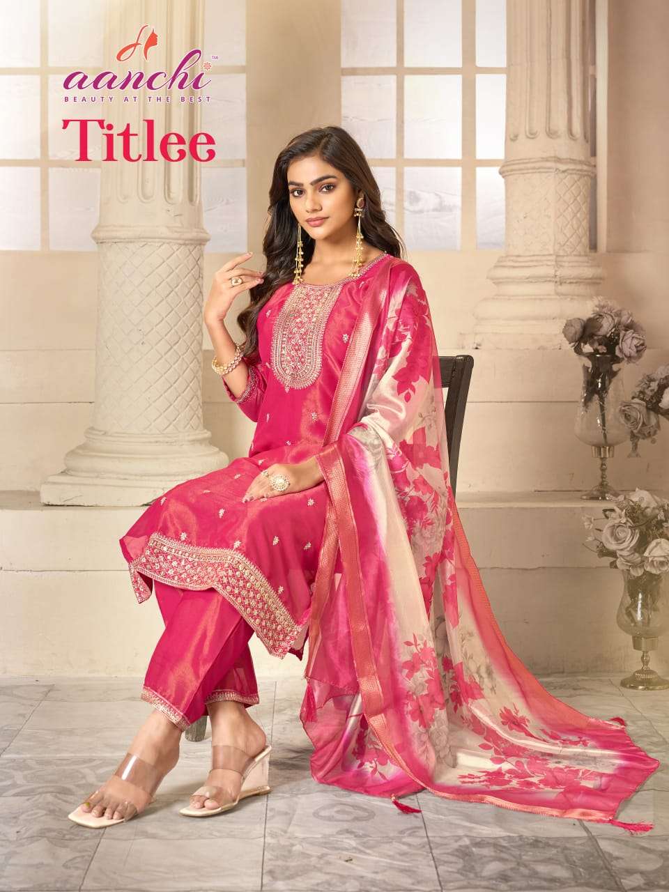 AANCHI TITLEE TISSUE SIMMER SILK EMBROIDERY PUNJABI STITCHED SUIT SET-00286