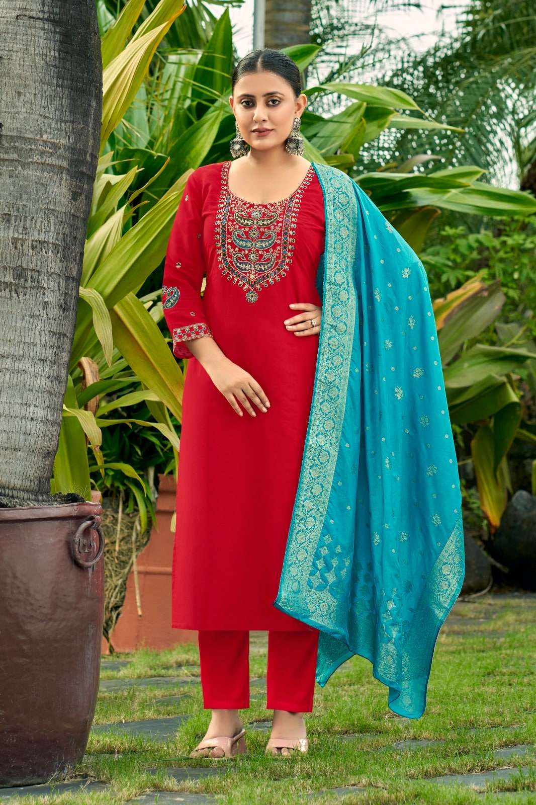 ADDA BY ASLIWHOLESALE DESIGNER PURE ROMAN SILK EMBROIDERY DRESSES-00014