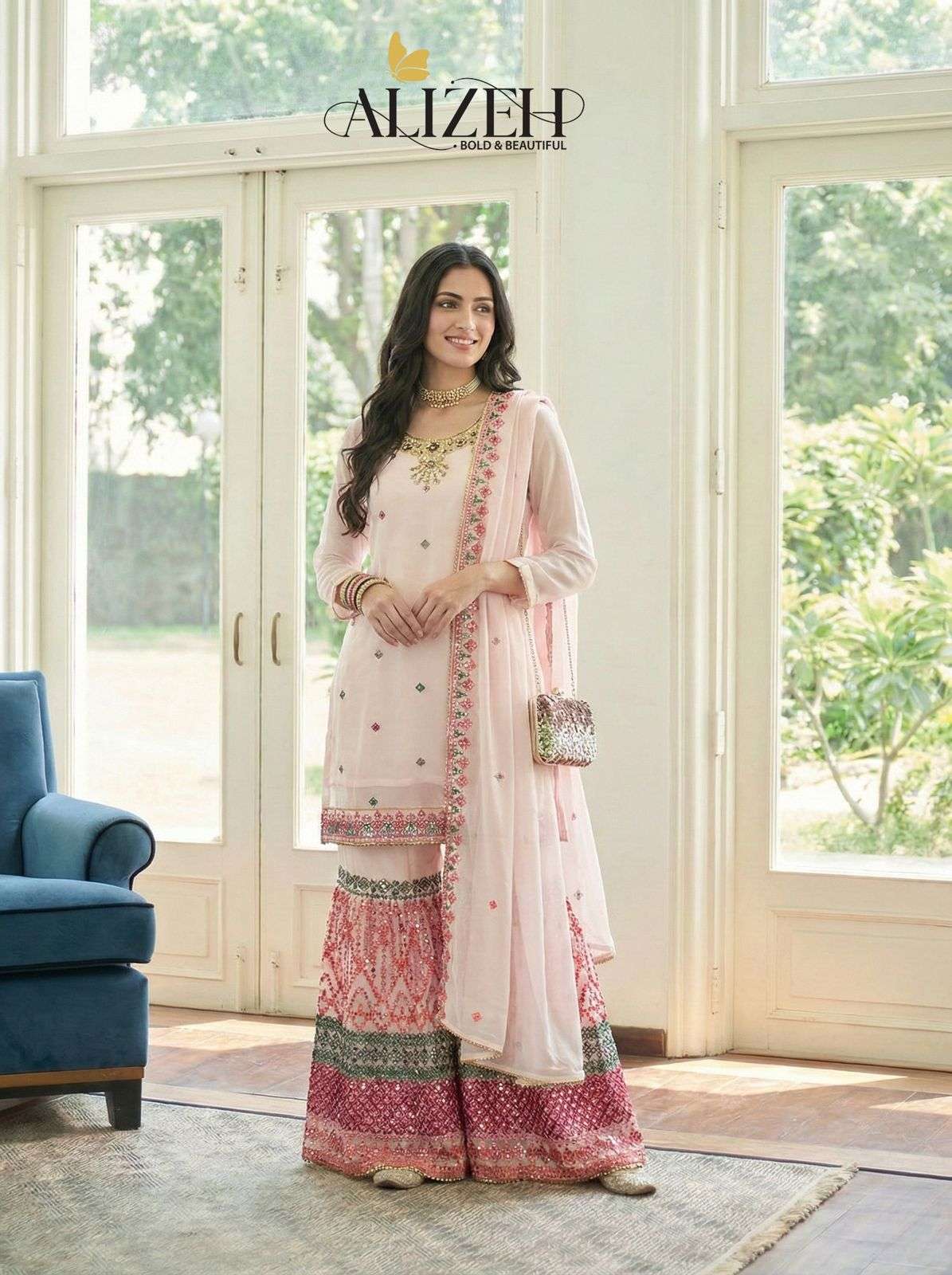 ALIZEH 7077 TO 7078 SERIES GEORGETTE EMBROIDERY READYMADE SHARARA DRESSES-00001