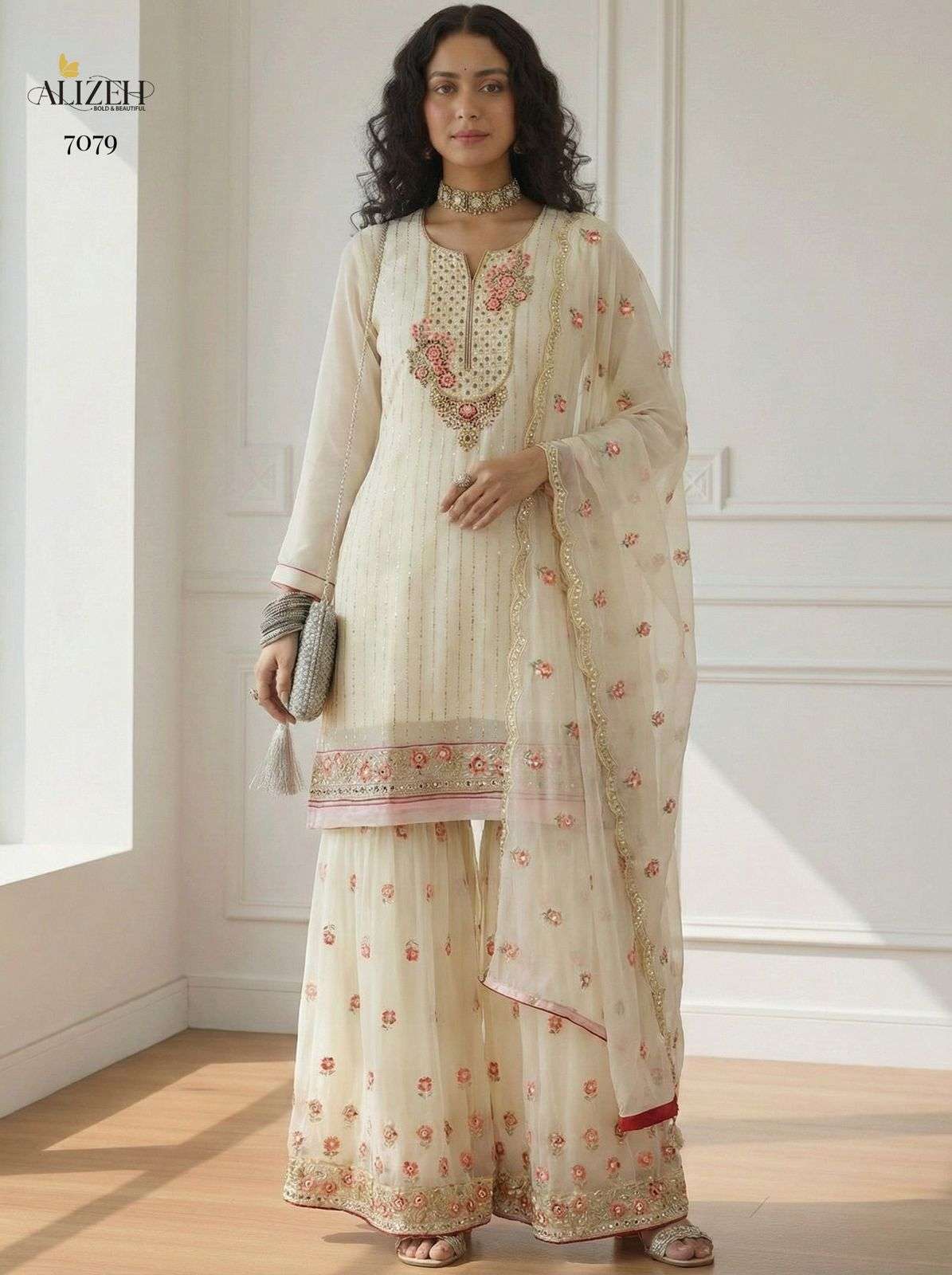 ALIZEH 7079 SERIES GEORGETTE EMBROIDERY STITCHED SHARARA SUIT SET-00001