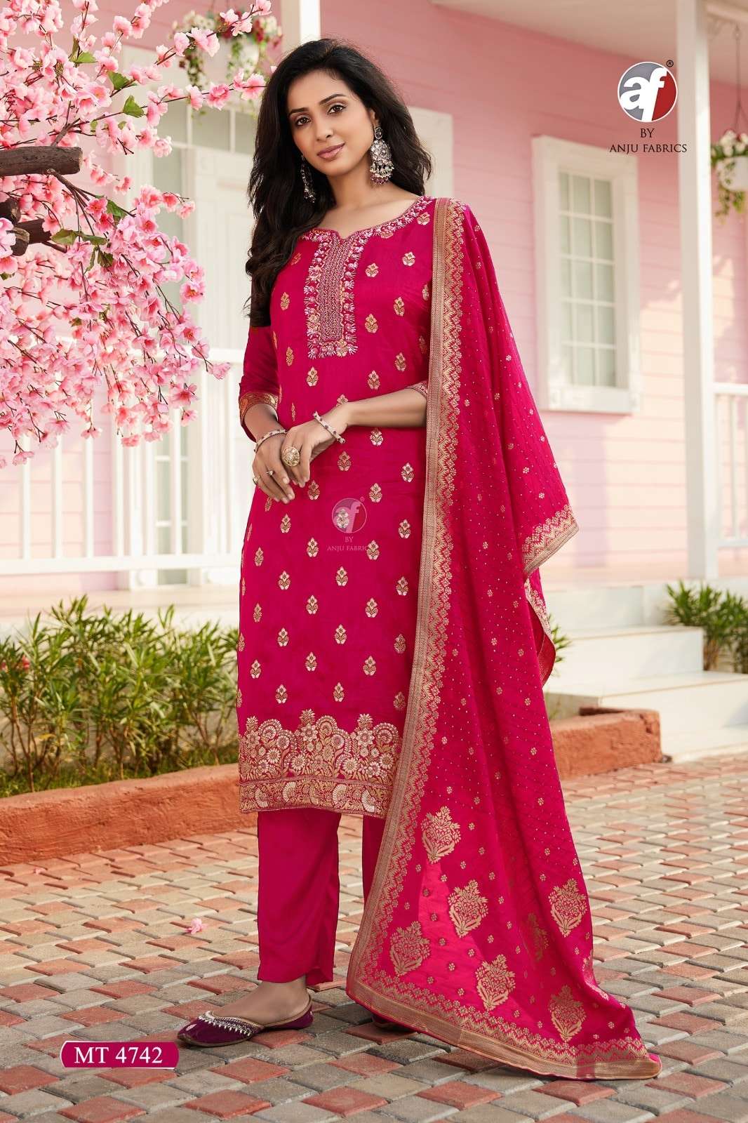 ANJU FABRIC MT-4738 TO 4742 SERIES DOLA SILK EMBROIDERY STITCHED PUNJBAI SUIT-00325