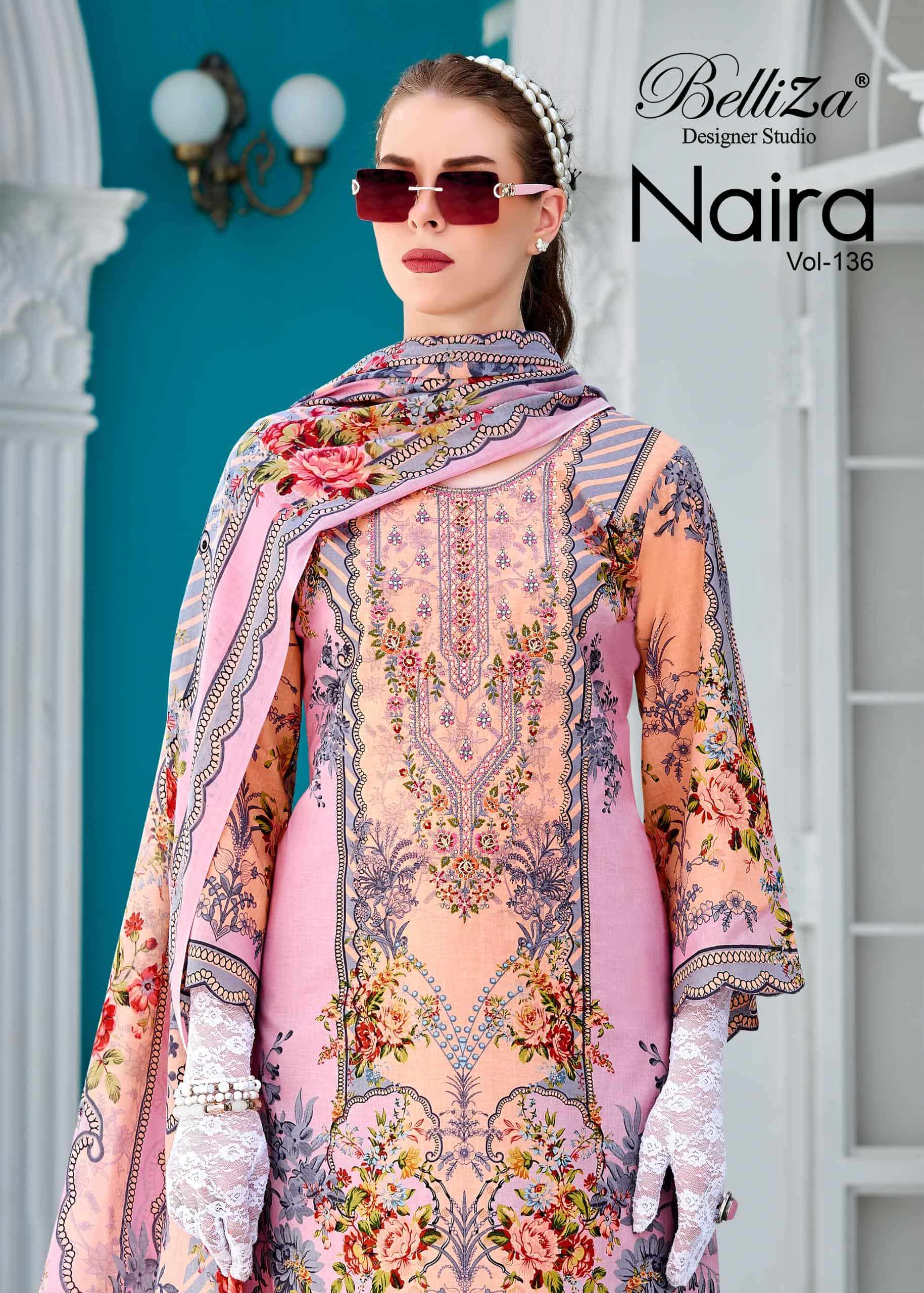 BELLIZA NAIRA VOL-136 965-001 TO 965-008 SERIES PURE COTTON PRINTED EMBROIDERY PAKISTANI DRESSES-000...