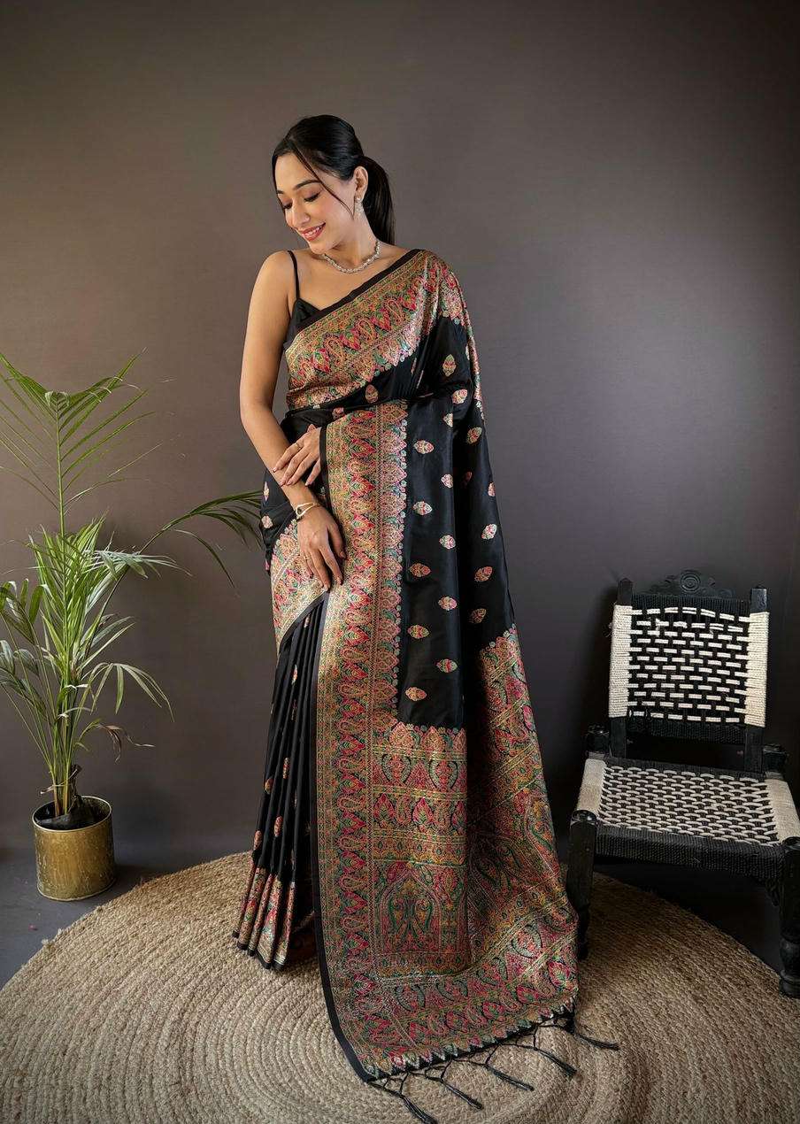 Black &White BY ASLIWHOLESALE PASHMINA SILK WEAVING SAREES-00230