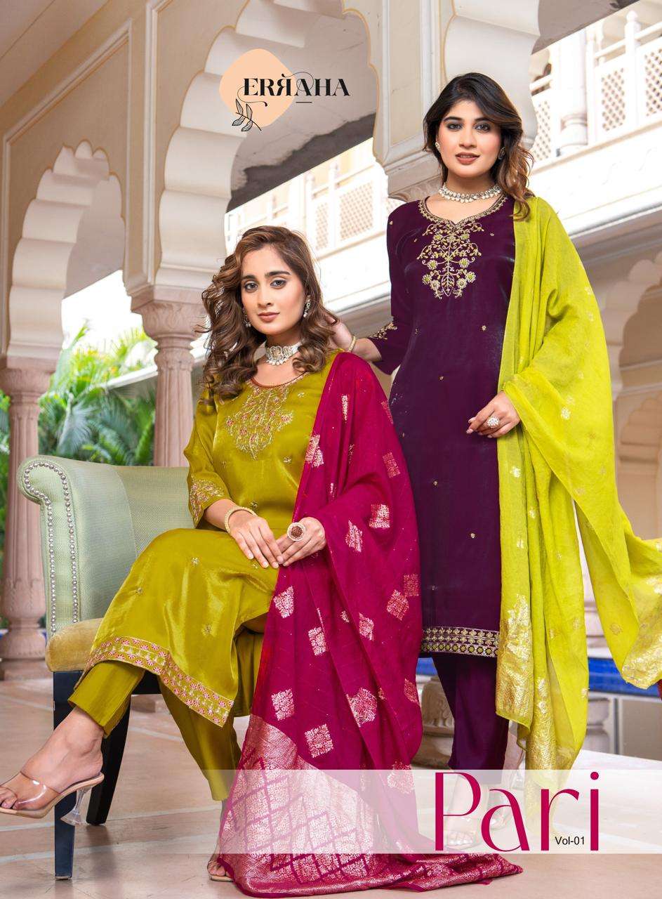 ERRAHA PARI VOL-1 8301 TO 8308 SERIES ROMAN SILK EMBROIDERY STITCHED SUIT SET-00325