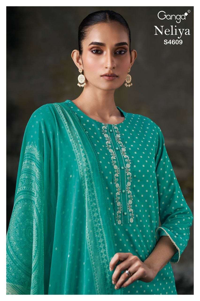GANGA FASHION NELIYA S-4609 SERIES COTTON SATIN PRINTED PREMIUM SUIT SET-00252