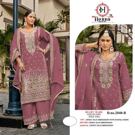 HESSA 2040 A TO D SERIES CRUNCH SILK EMBROIDERY STITCHED PAKISTANI SUITS SET-00310