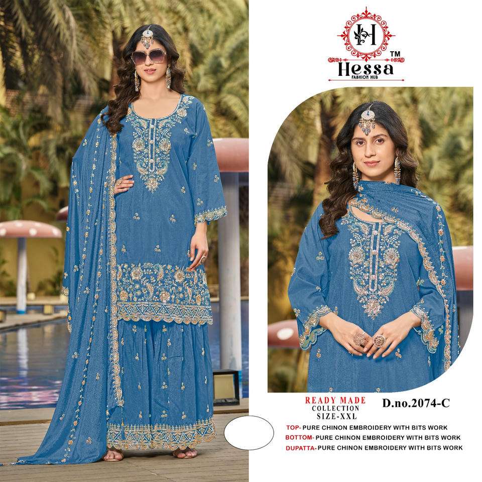 HESSA 2074 A TO D SERIES CHINON EMBROIDERY STITCHED PAKISTANI SUITS SET-00310