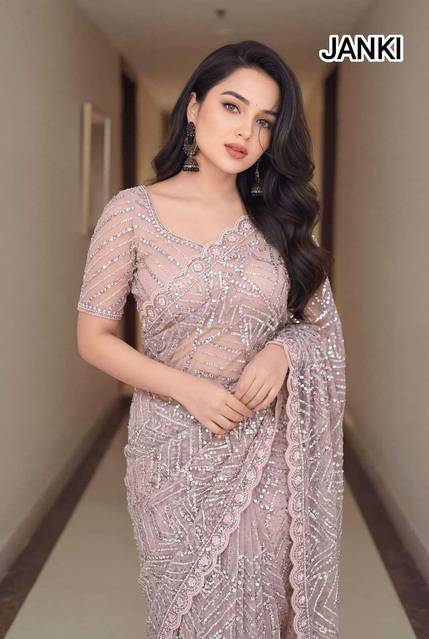 JANKI BY ASLIWHOLESALE SOFT NET SEQUNCE WORK SAREES - 00241