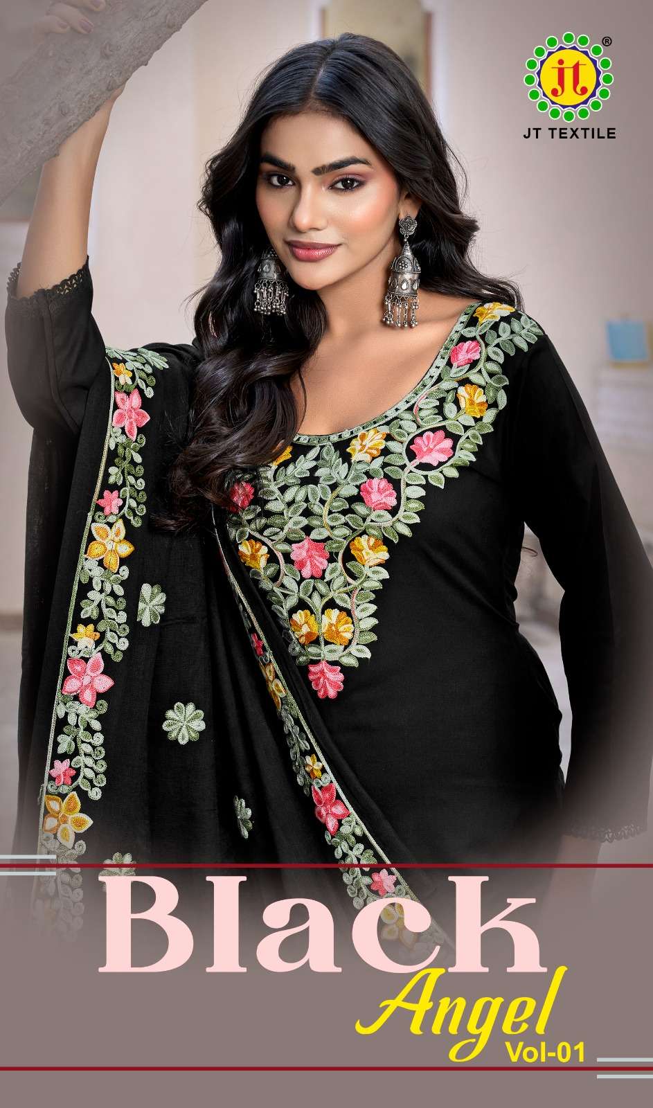 JT TEXTILE BLACK ANGEL VOL-01 1001 TO 1005 SERIES PURE RAYON EMBROIDERY PAKISTANI DRESSES-00201