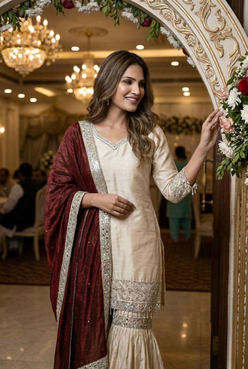 KF-4110 BY ASLIWHOLESALE CHINON SILK EMBROIDERY SHARARA SUITS - 00096