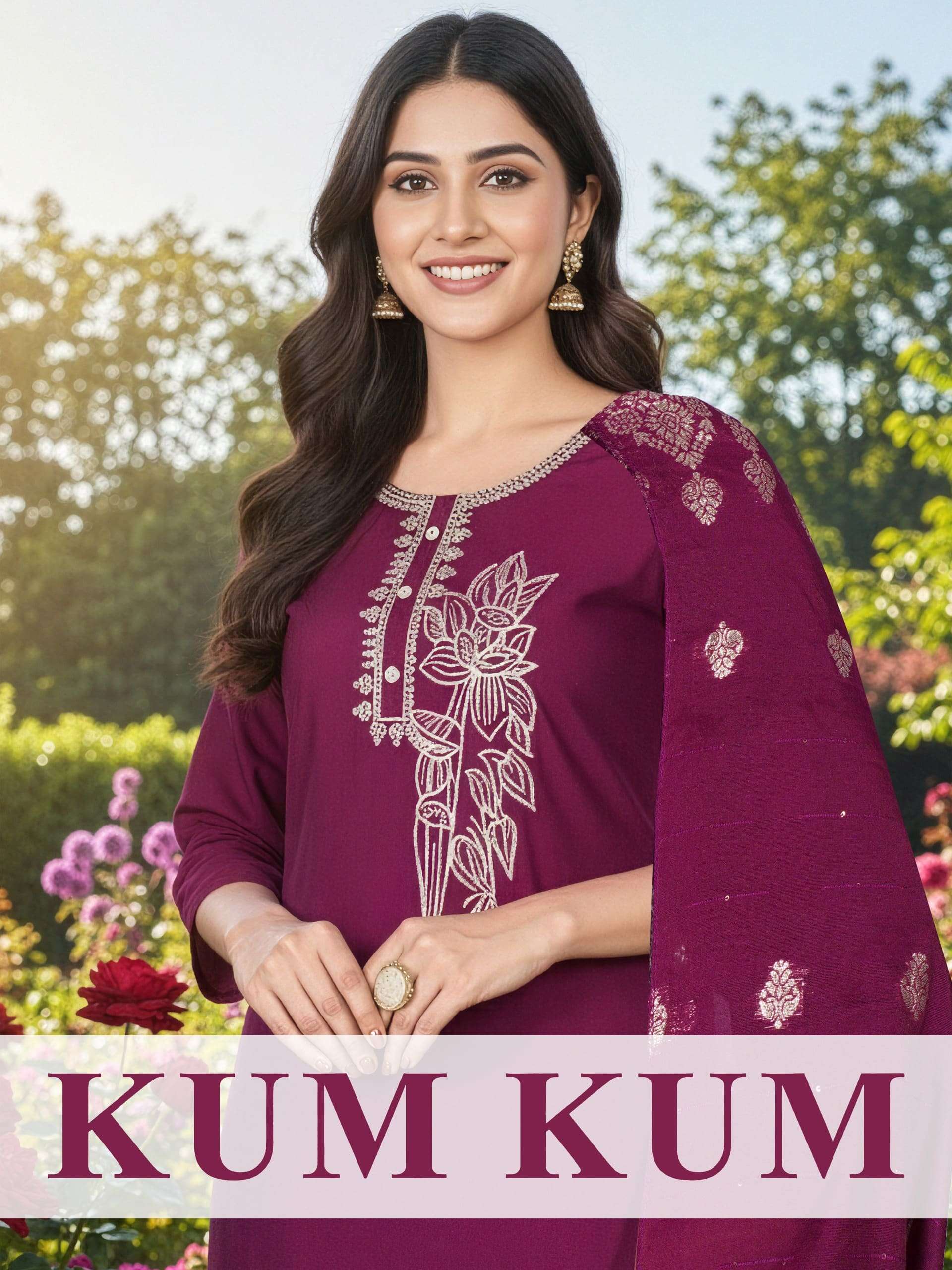 KUMKUM BY ASLIWHOLESALE ROMAN SILK EMBROIDERY STRAIGHT-CUT SUIT SET-00320
