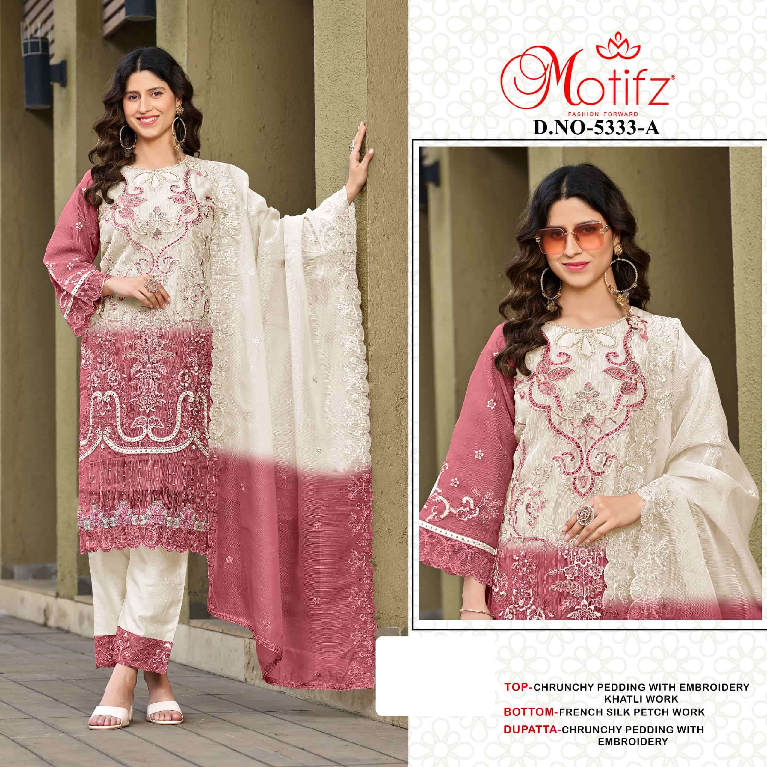 MOTIFZ 5333 A TO D SERIES PURE CRUNCHY SILK EMBROIDERY PAKISTANI DRESSES-00201