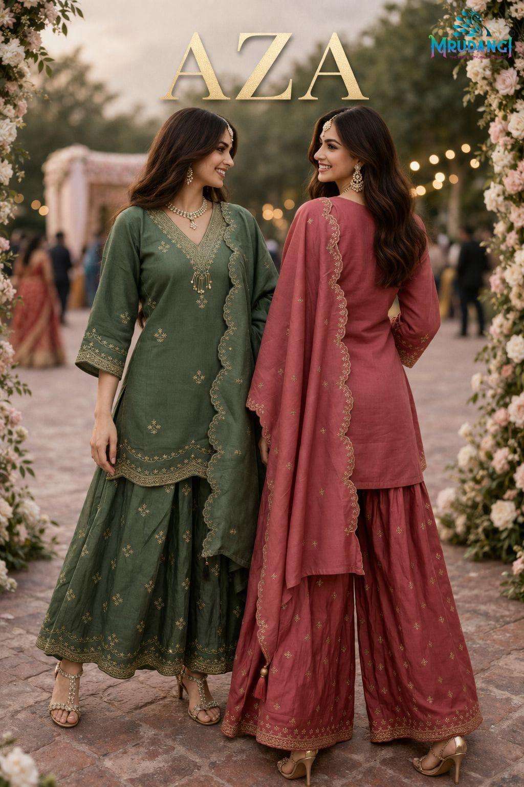 MRUDANGI AZA REAL PREMIUM ROMAN SILK EMBROIDERY SHARARA SUITS -  00095