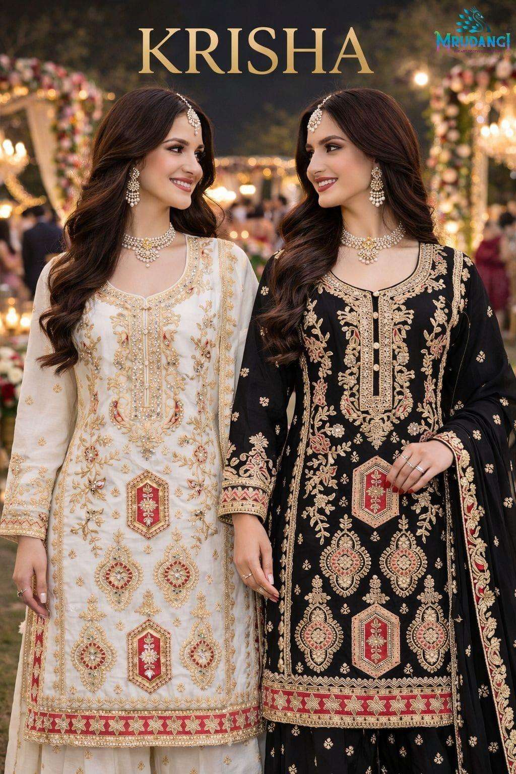 MRUDANGI KRISHA PREMIUM REAL CHINON EMBROIDERY SHARARA SUITS - 00095