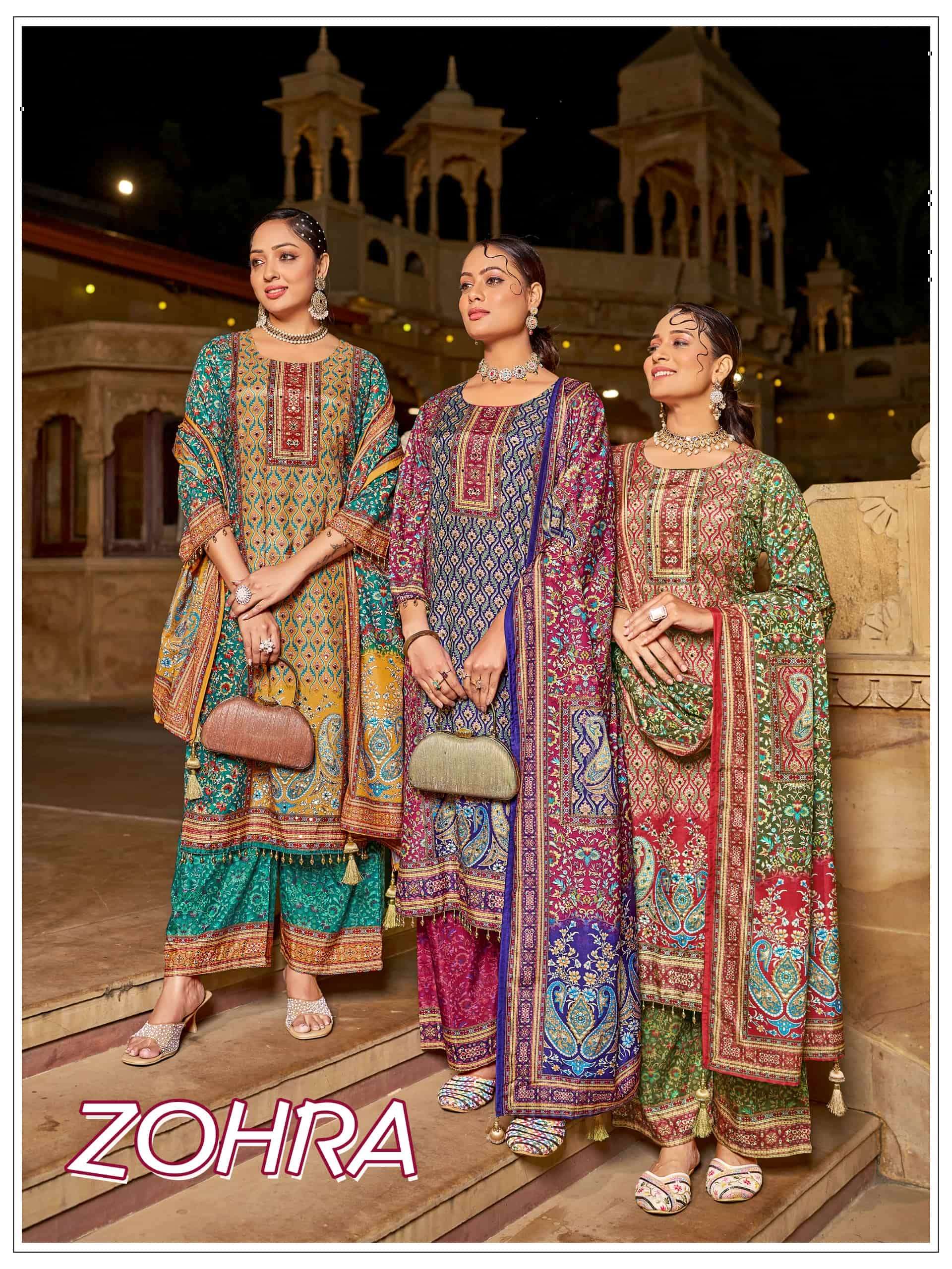 MUKESH ZOHRA 1001 TO 1004 SERIES JAM SATIN EMBROIDERY PRINTED DRESSES-00097