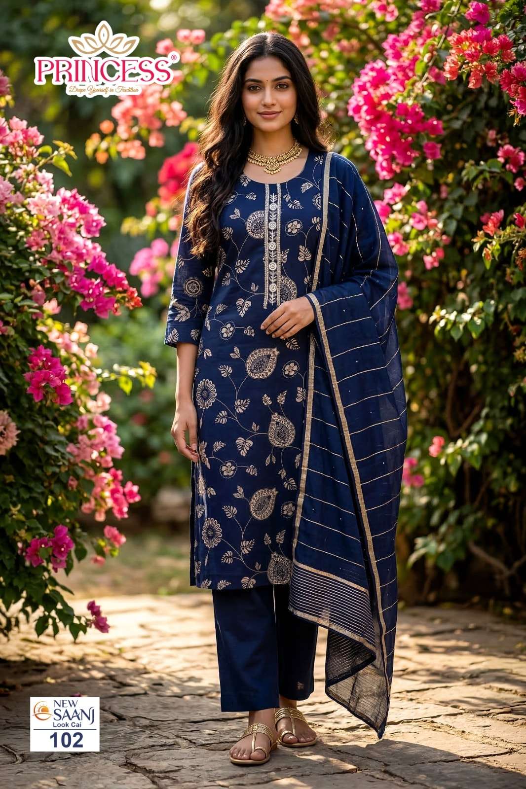 PRINCESS SAANJ 101 TO 106 SERIES VATICAN SILK EMBROIDERY STITCHED SUIT SET-00320
