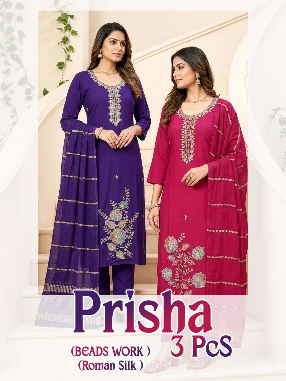 PRISHA BY ASLIWHOLESALE ROMAN SILK EMBROIDERY STITCHED INDIAN SUIT SET-00320