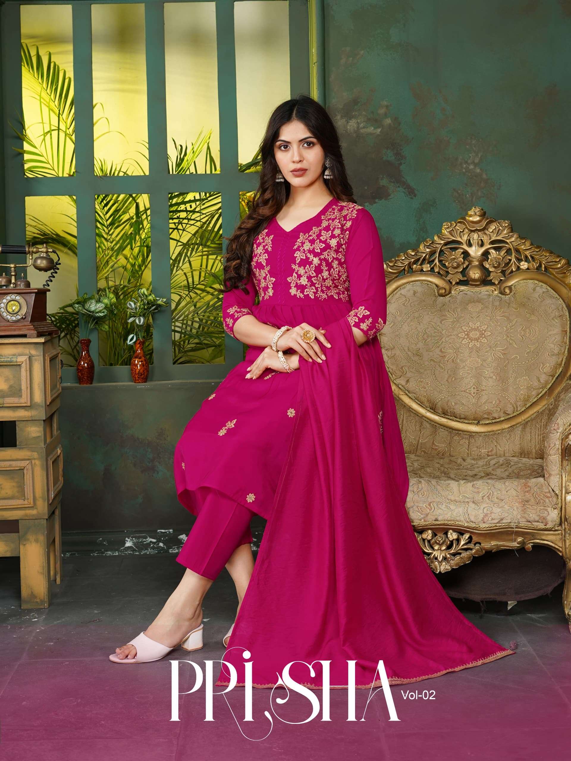 PRISHA VOL-2 BY ASLIWHOLESALE MAL CHANDERI EMBROIDERY ANARKALI SUITS SET-00320