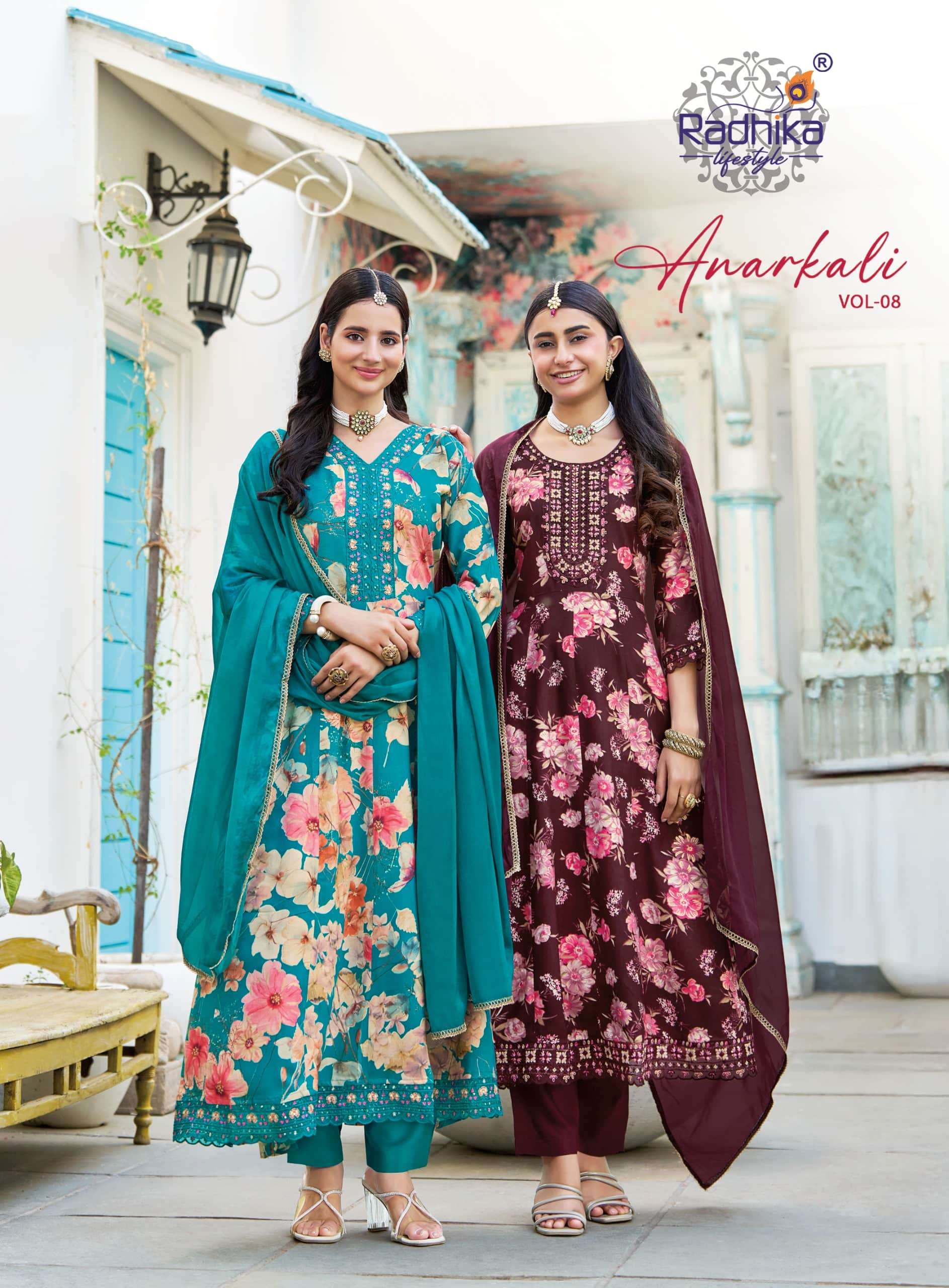 RADHIKA LIFESTYLE ANARKALI VOL-08 8001 TO 8006 SERIES PURE RAYON PRINTED DRESSES-00014