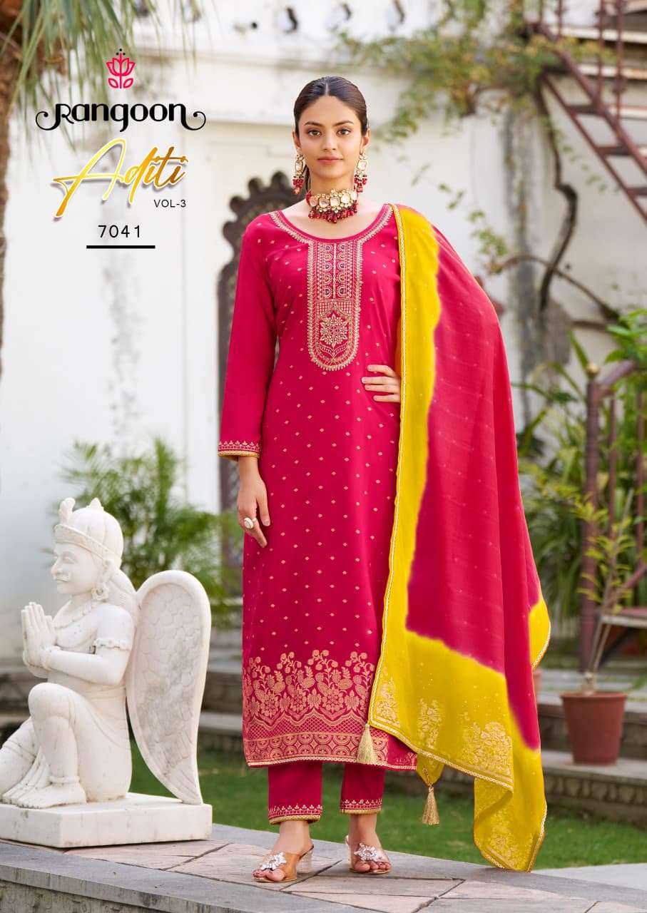 RANGOON ADITI VOL-3 7041 TO 7044 SERIES VISCOSE JACQUARD EMBROIDERY DRESSES-00318