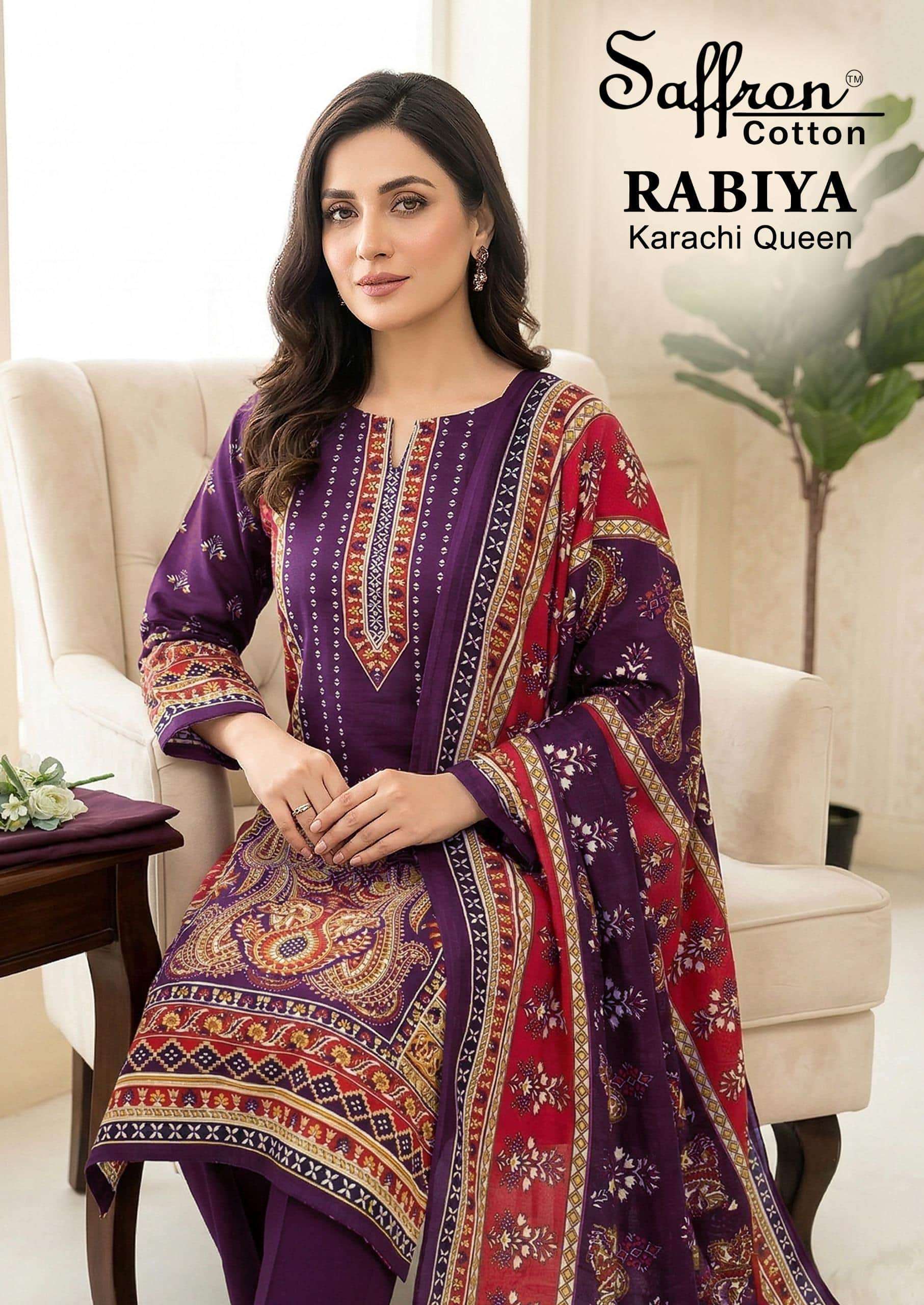 SAFFRON RABIYA KARACHI QUEEN VOL-01 1001 TO 1008 SERIES PURE COTTON PRINTED PAKISTANI DRESSES-00062