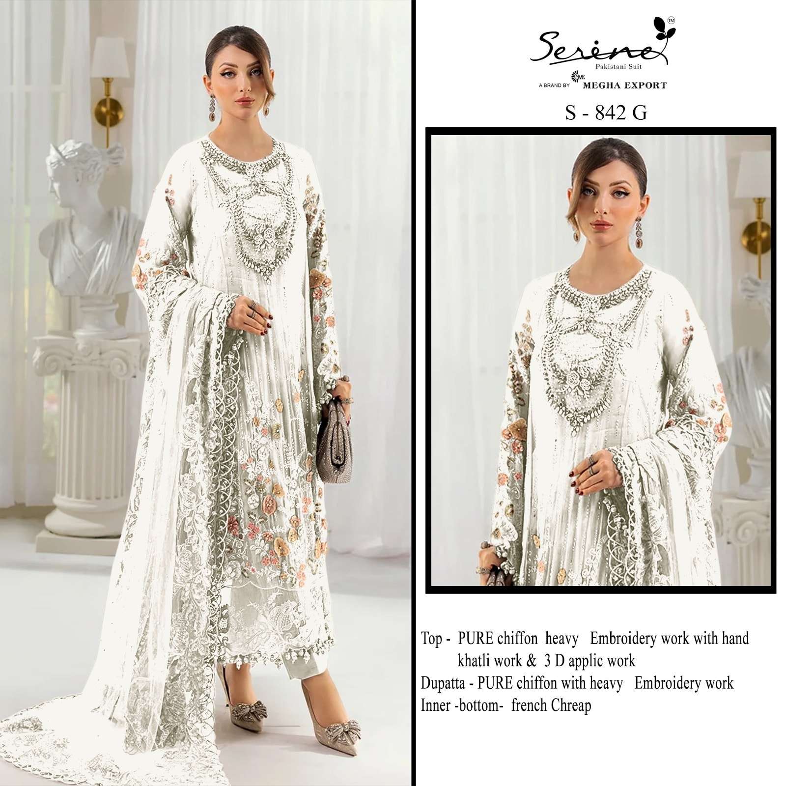 SERENE S-842 E TO H SERIES PURE CHIFFON EMBROIDERY PAKISTANI DRESSES-00201
