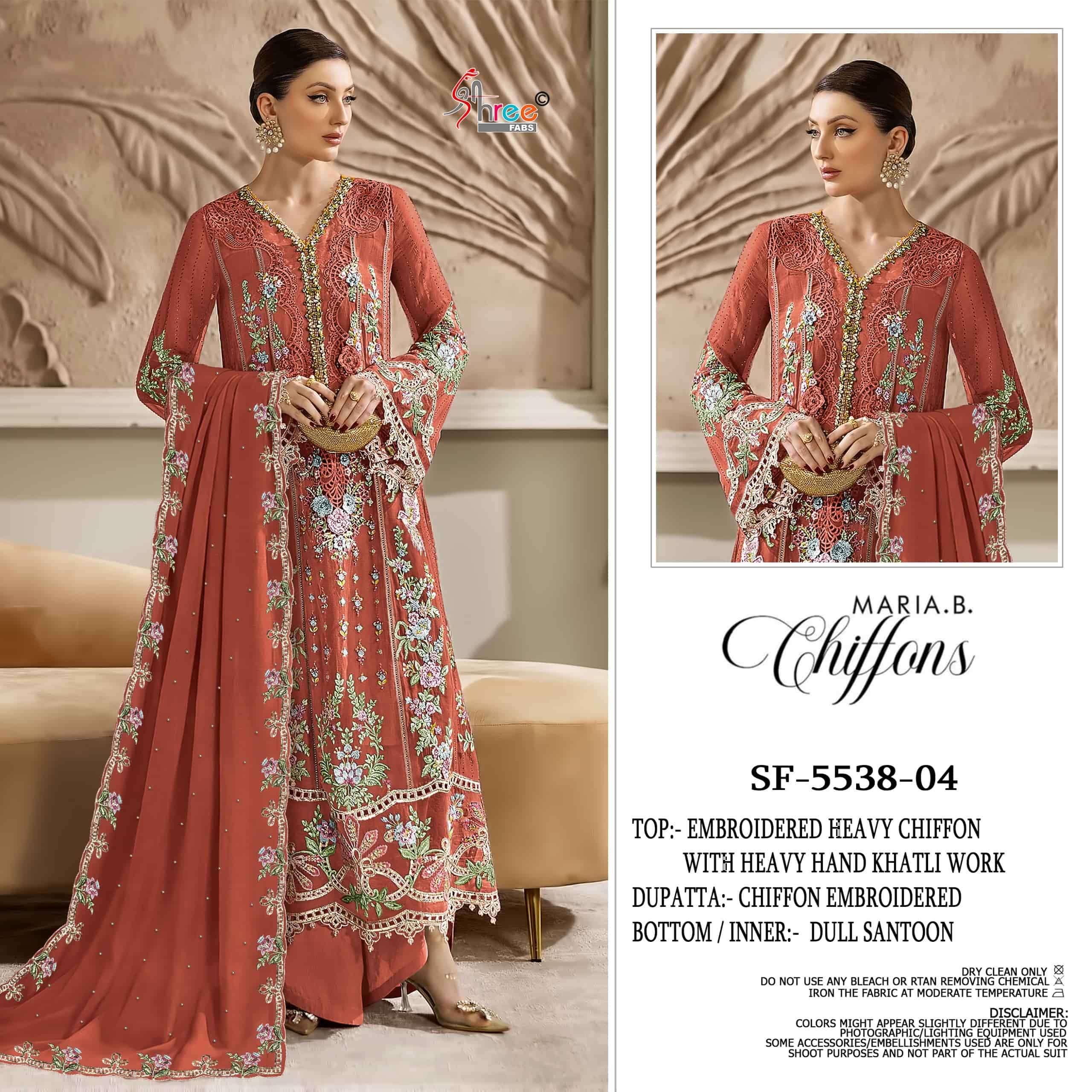 SHREE FAB SF-5538 01 TO 04  SERIES PURE CHIFFON EMBROIDERY PAKISTANI DRESSES-00201