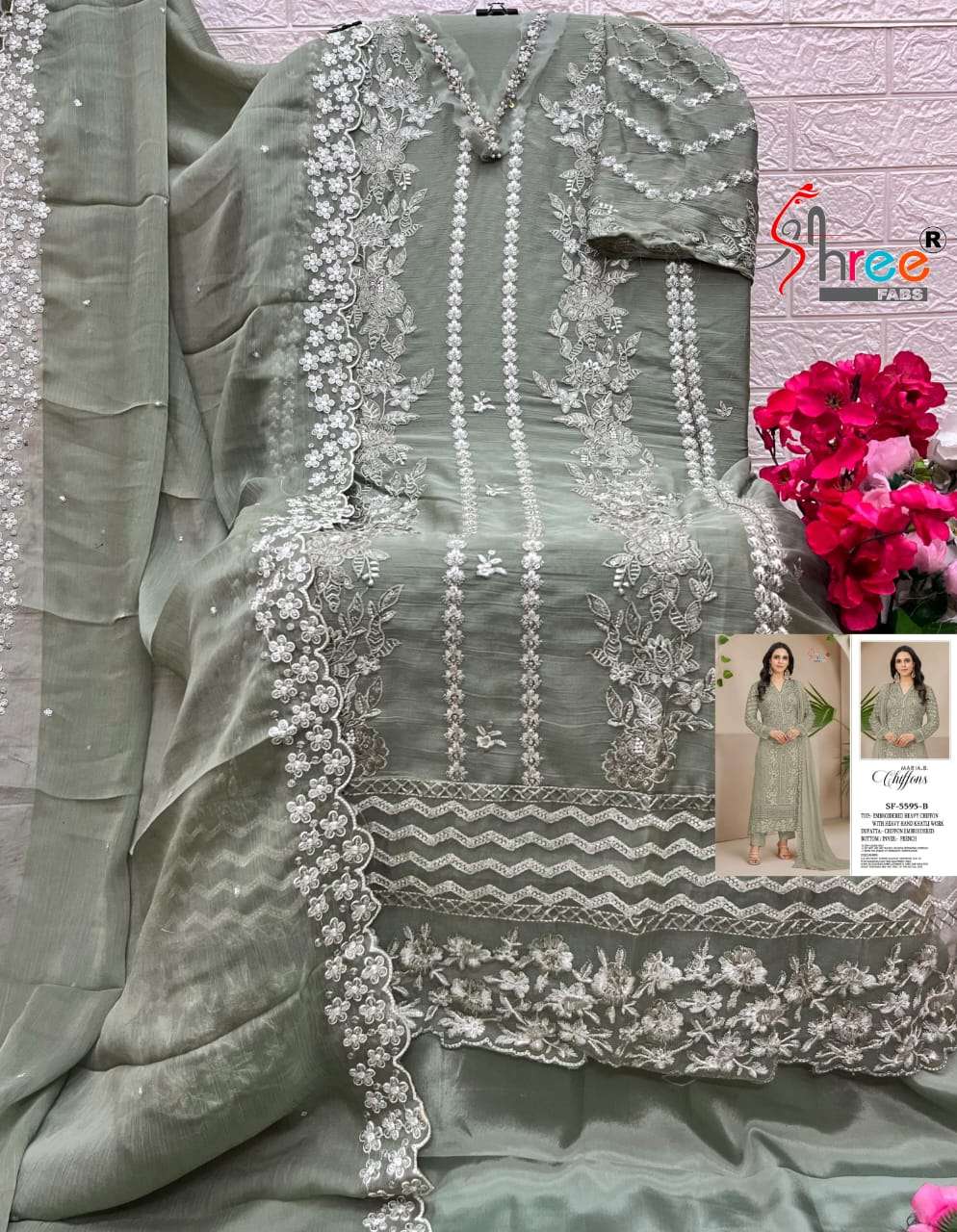 SHREE FAB SF-5595 A TO D SERIES PURE CHIFFON SILK EMBROIDERY PAKISTANI DRESSES-00201