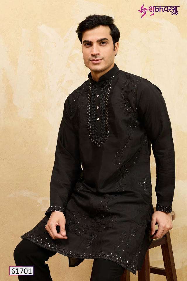 SHUBHKALA PRESTIGE KURTA 61701 TO 61704 SERIES PURE VISCOSE SILK EMBRODIERY MEN KURTA-00278