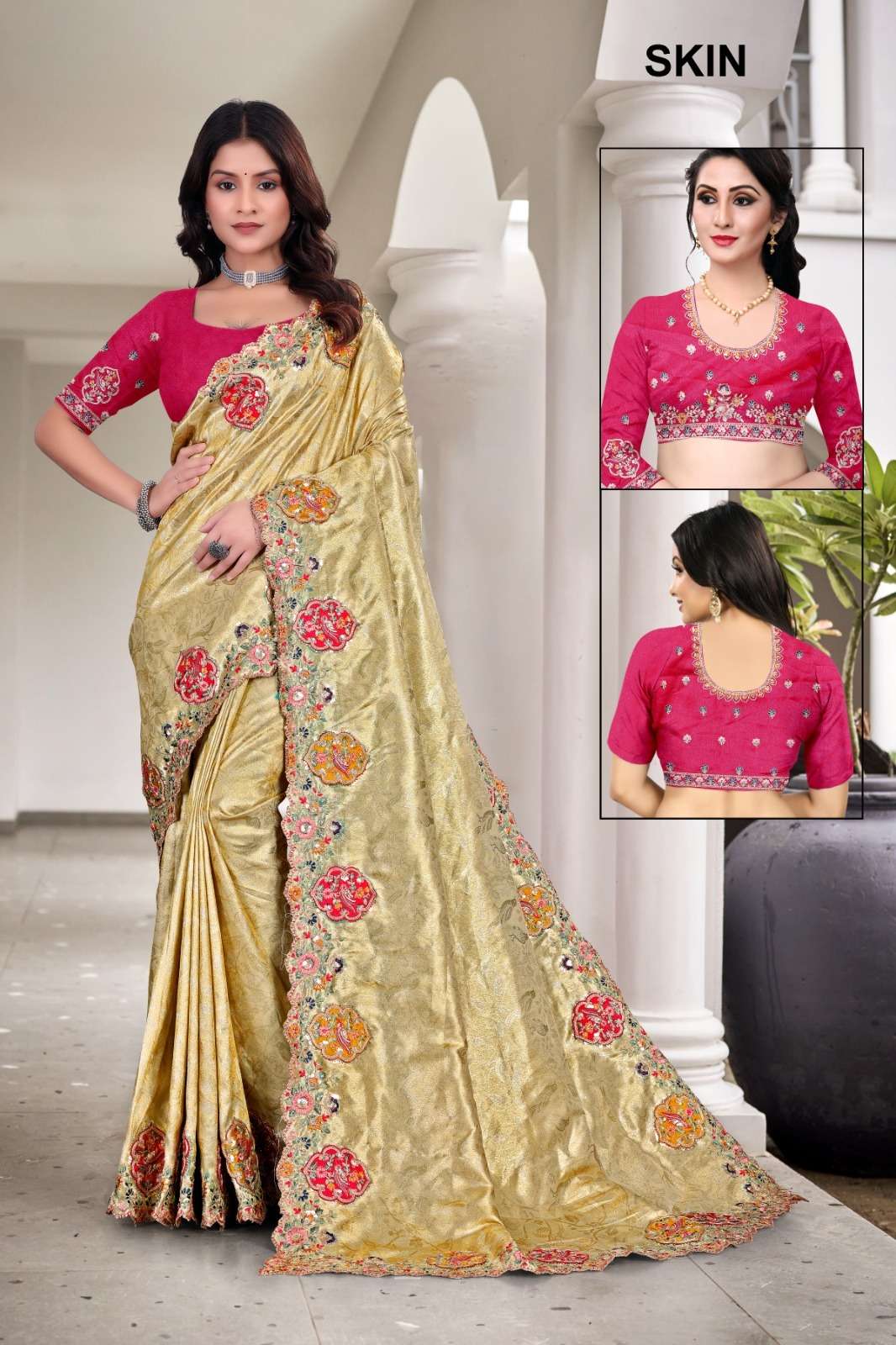 SKIN BY ASLIWHOLESALE TISSUE JACQUARD THREAD EMBROIDERY SAREES-00103