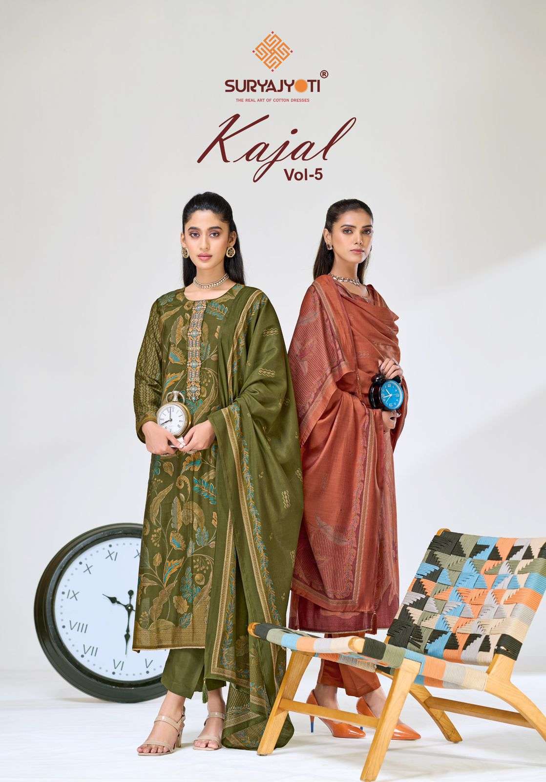 SURYAJYOTI KAJAL VOL-5 5001 TO 5006 SERIES SATIN PRINTED EMBROIDERY DRESSES-00015