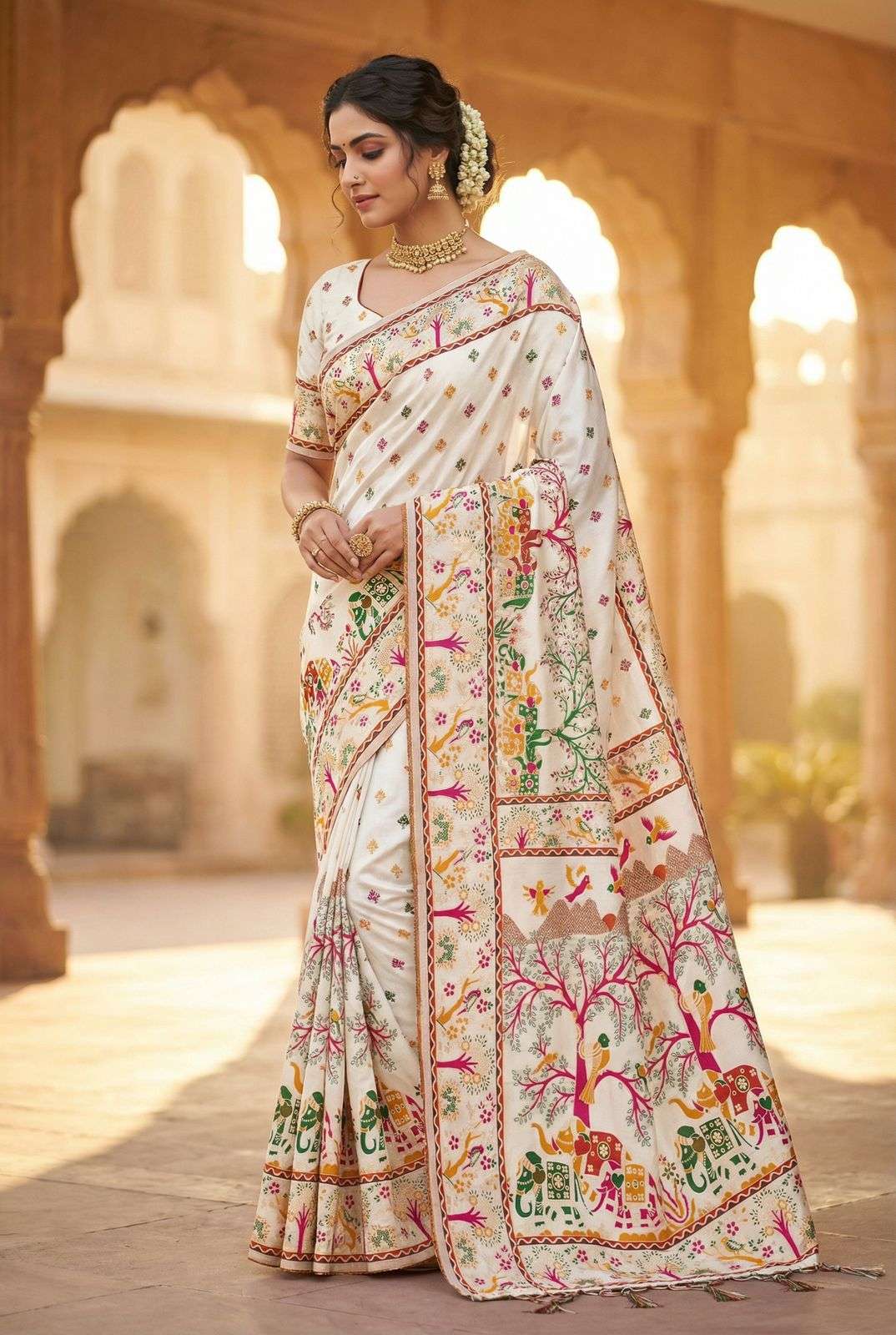 WHITE PASHMINA BY ASLIWHOESALE DESIGNER PURE PASHMINA SILK SAREES-00049