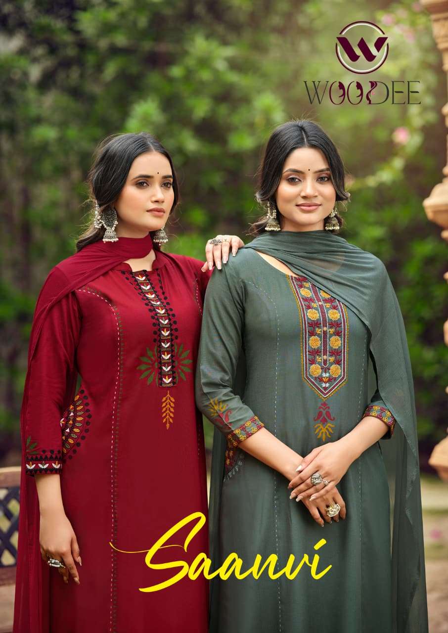 WOODEE SAANVI 1001 TO 1006 SERIES PURE RAYON HAND WORK DRESSES-00014