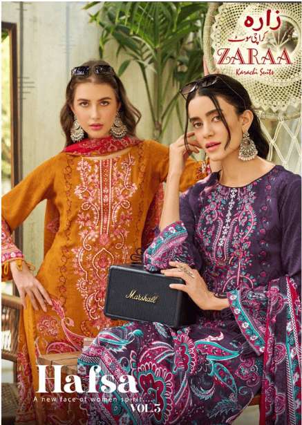 ZARAA PRINT HAFSA VOL-03 3001 TO 3008 SERIES PURE CREPE PRINTED PAKISTANI DRESSES-00201