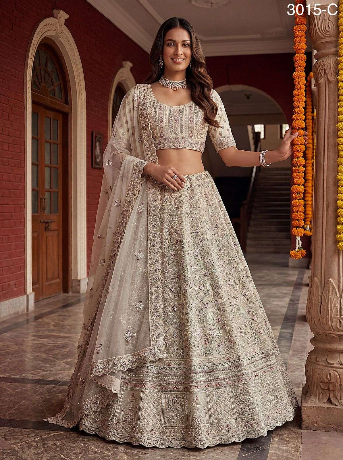 3015 HIT COLOUR BY ASLIWHOLESALE NET EMBROIDERY SEMI-STITCHED LEHENGAS-00130