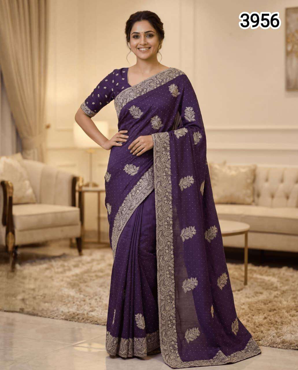 3956 COLOUR BY ASLIWHOLESALE SATIN CHIFFON THREAD WORK SAREES -00103