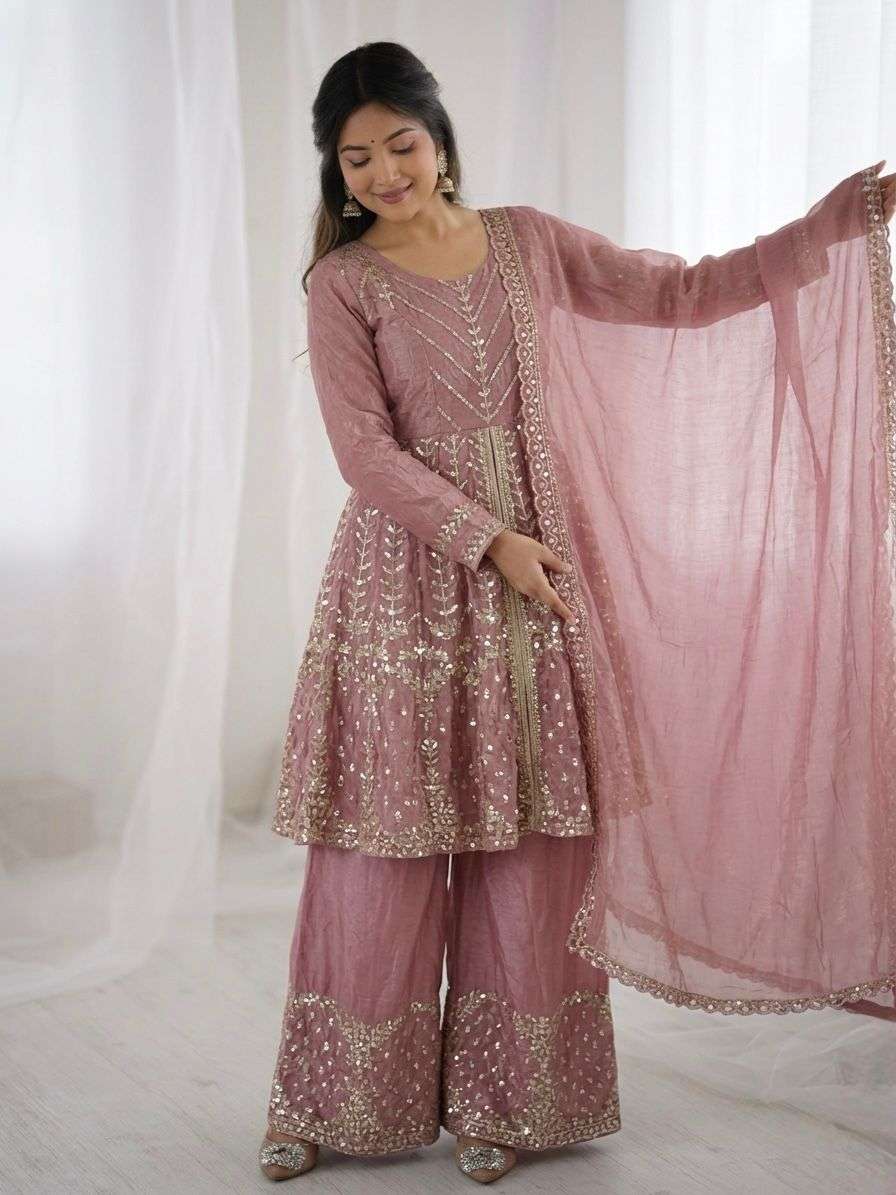 5340 HIT COLOUR BY ASLIWHOLESALE FENDY SILK EMBROIDRY SHARARA SUITS - 00262