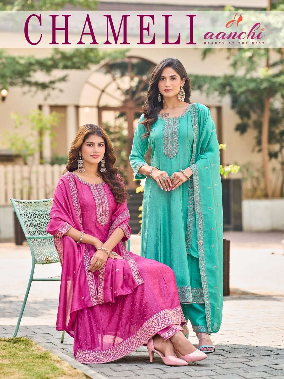 AANCHI CHAMELI STITCHED VICHITRA SILK EMBROIDERY ANARKALI SUIT-00286