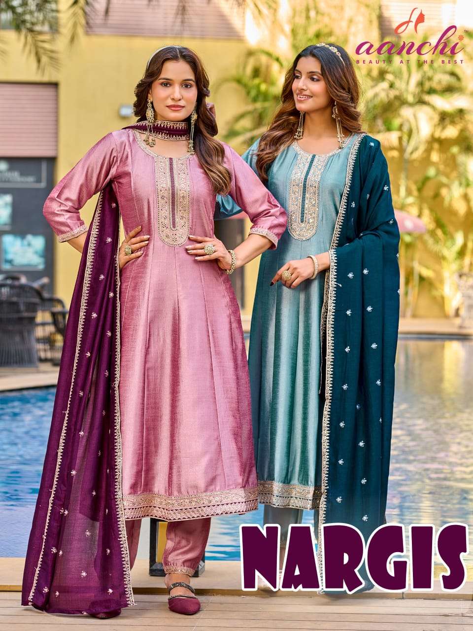 AANCHI NARGIS VICHITRA SILK EMBROIDERY STITCHED ANARKALI SUIT SET-00286