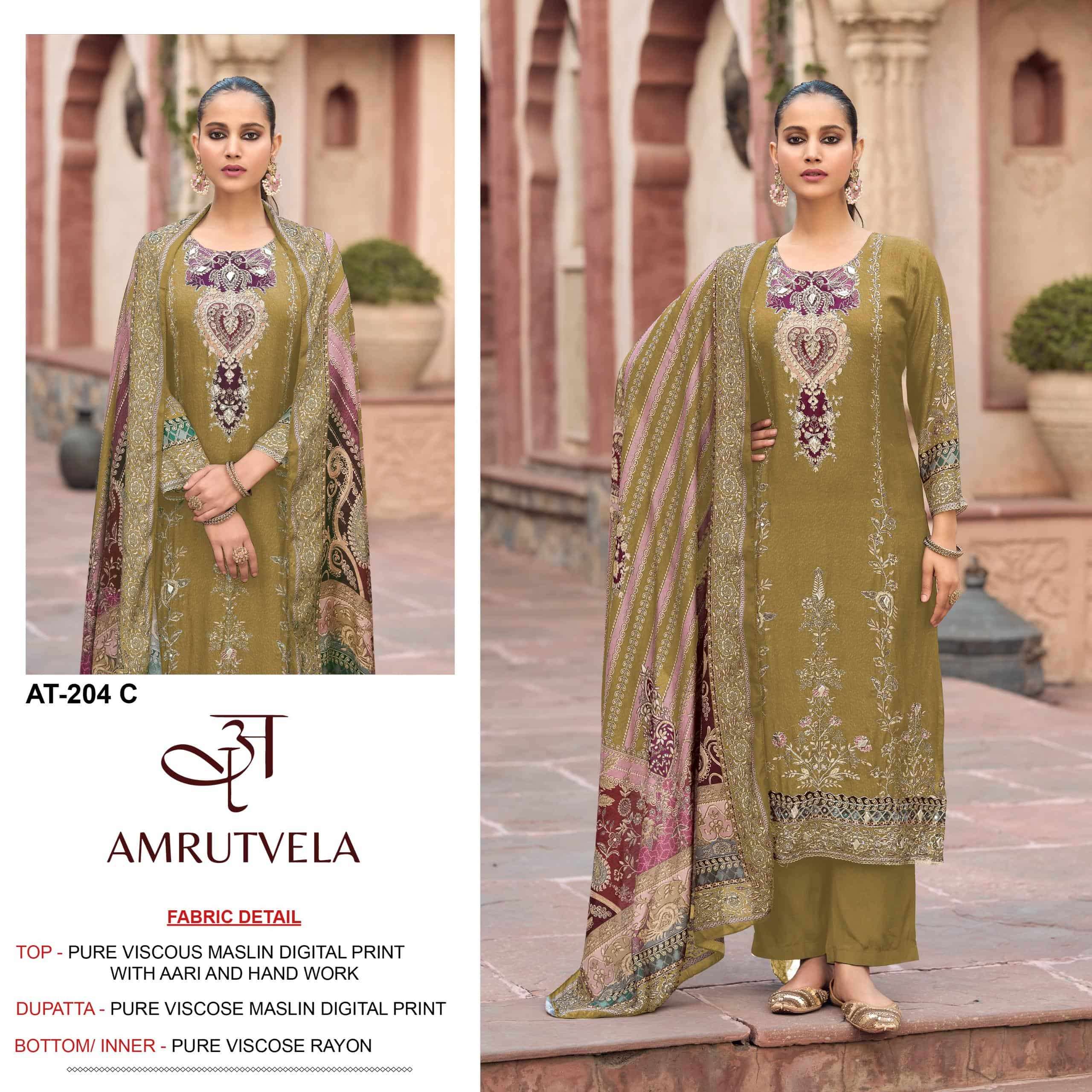 AMRUTVELA AT-204 C TO D SERIES VISCOSE MUSLIN EMBROIDERY PAKISTANI SUIT SET-00062