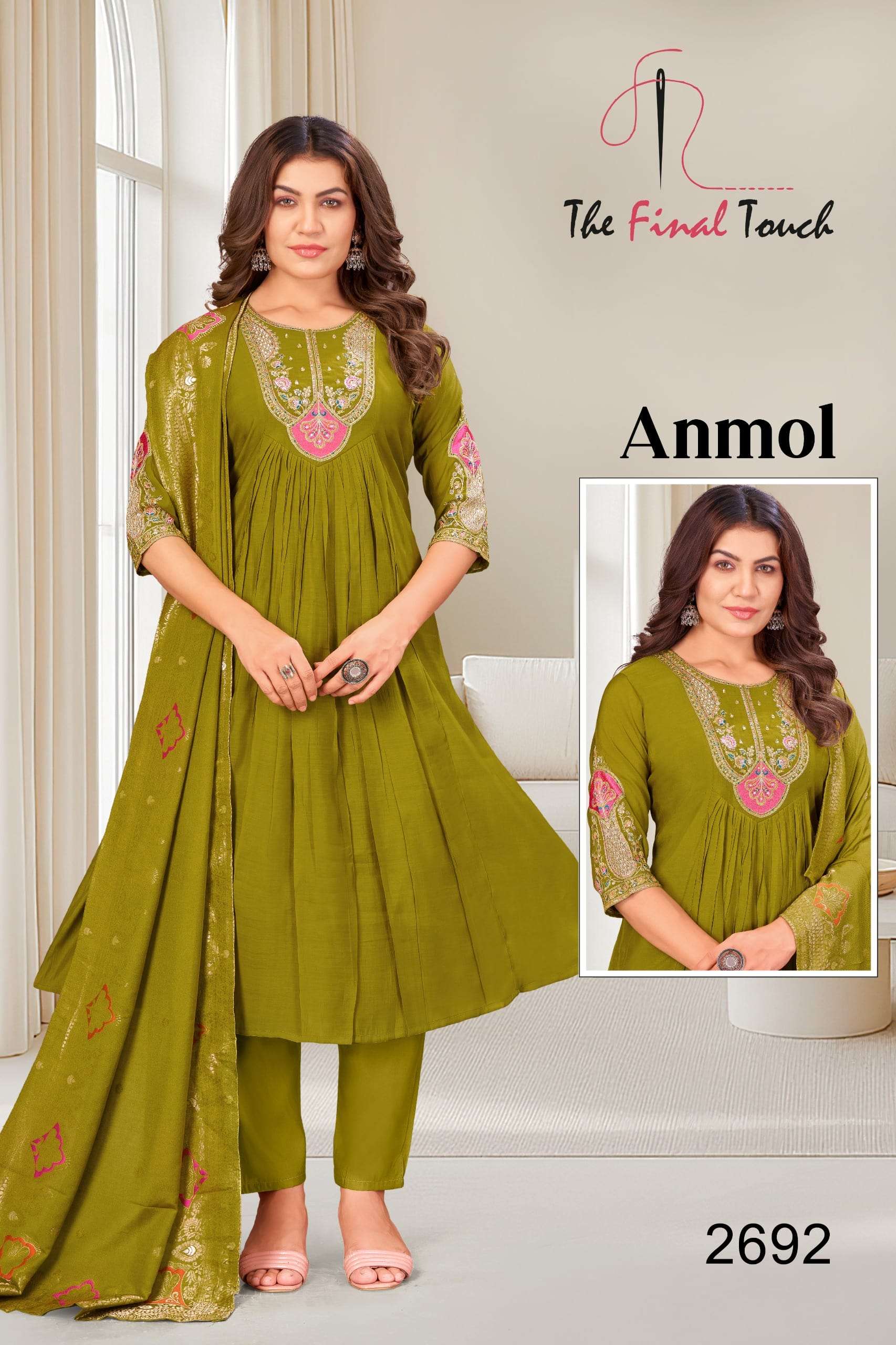 ANMOL BY ASLIWHOLESALE MAL CHANDERI EMBROIDERY ANARKALI STITCHED SUIT-00325
