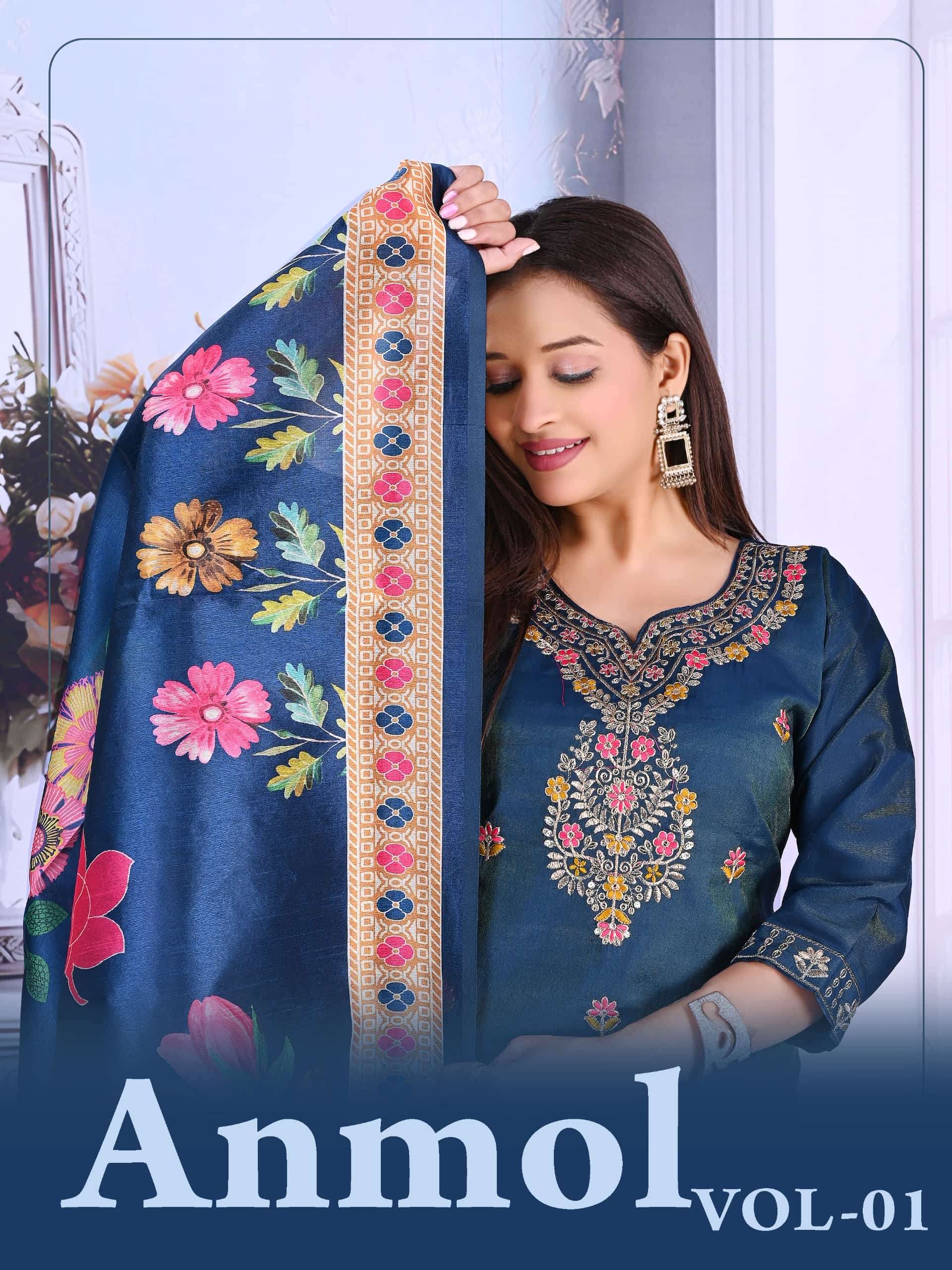 ANMOL VOL-1 BY ASLIWHOLESALE ROMAN SIMMER EMRBODIERY STITCHED SUIT-00320