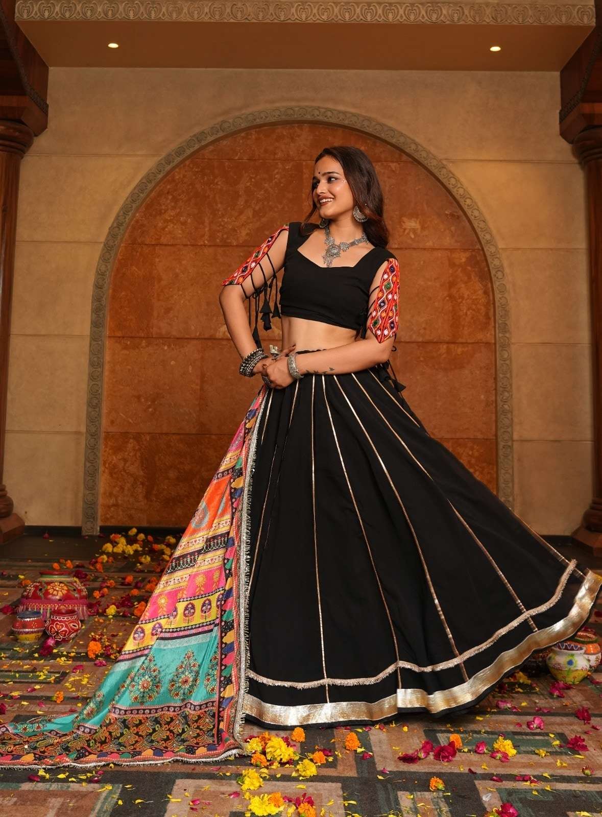 BLACK HIT BY ASLIWHOLESALE GEORGETTE GOTA PATTI LACE WORK LEHENGAS-00265